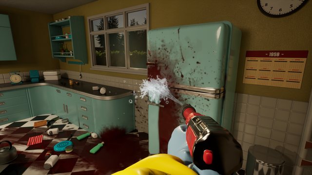 Hosing cleaning spray over a blood-spattered refrigerator in a 1950s kitchen