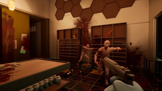 Two zombies advancing down a pharmacy aisle, pistol raised