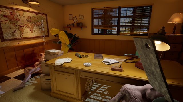 A ransacked office, a hazmat colleague bagging remains beside a blood-marked world map