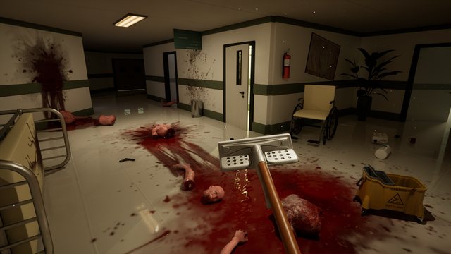 Mopping a flooded hospital corridor strewn with remains